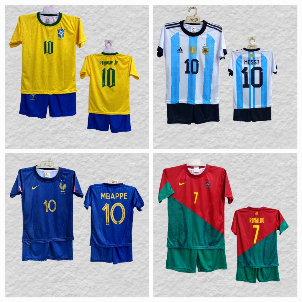 Messi argentina เสื้อฟุตบอลเด็ก ronaldo portugal jersey brazil neymar Antem france mbappe การพิมพ์อายุ 2-14 ปี