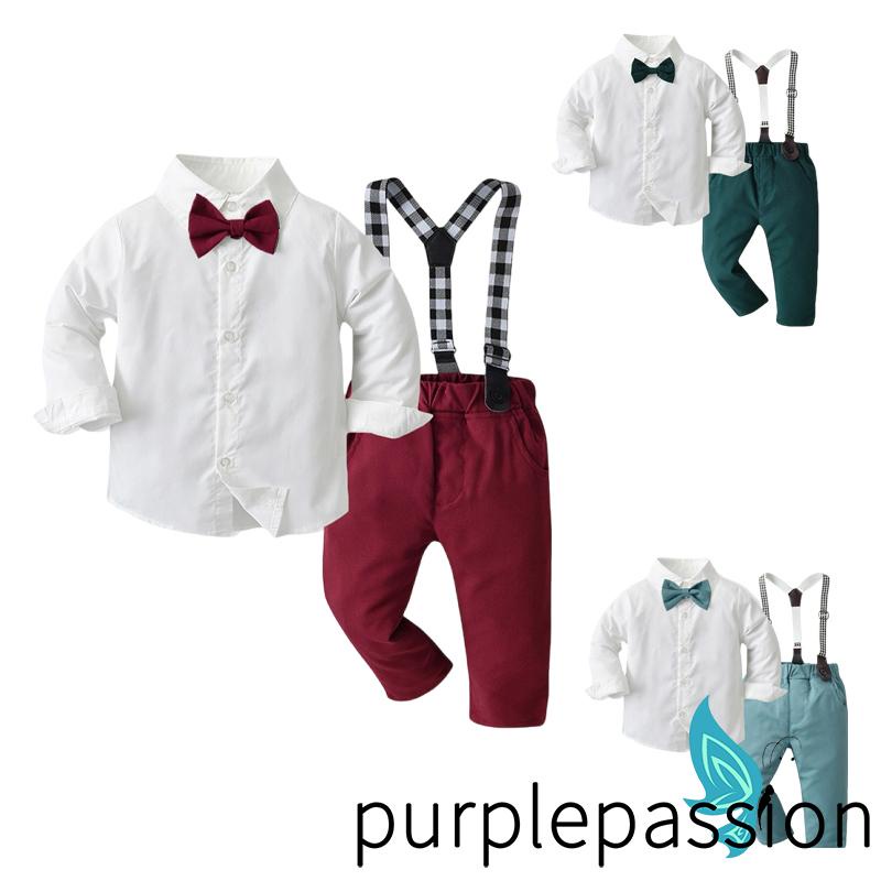 Purplepassion-kids Boys ชุด 2 ชิ้นแขนยาวผูกโบว์เสื้อพร้อมกางเกงแขวนชุดสูทอย่างเป็นทางการชุดฤดูใบไม้ร่วงแฟชั่น