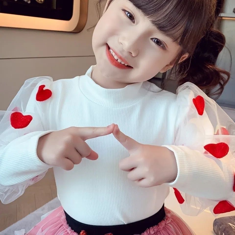 เสื้อแขนพัฟ ผ้าตาข่าย ปักลายหัวใจ แฟชั่นฤดูใบไม้ผลิ และฤดูใบไม้ร่วง สําหรับเด็กผู้หญิง