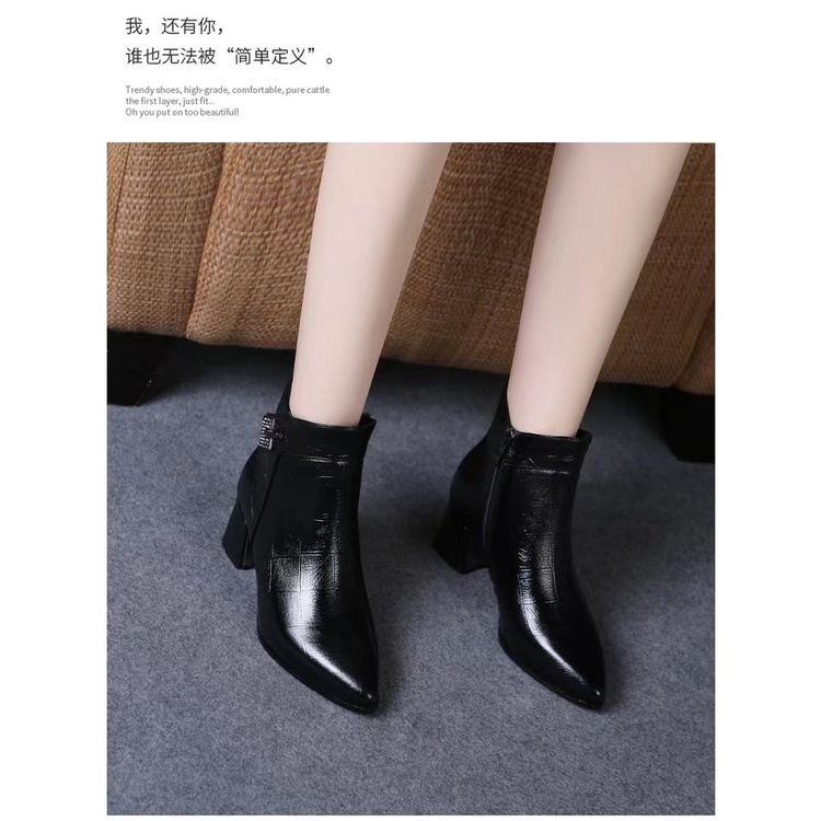 รองเท้าบูทสตรีปลายแหลมส้นหนาซิปด้านข้างหลอดสั้นเชลซีรองเท้าขนาด 35-42