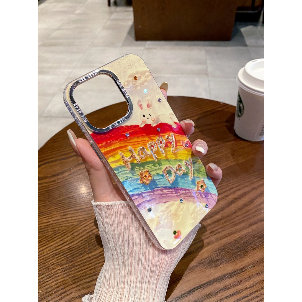 Rainbow Rabbit Shiny เจาะกล้องป้องกันฟิล์ม TPU สําหรับ Apple IPhone 16 15 14 13 12 11 Pro Max 14Plus 15Plus 16Plus เคสกันกระแทก