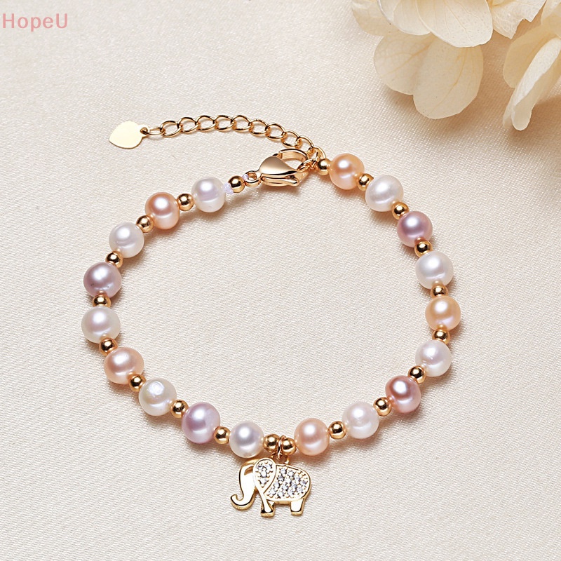[HopeU] สร้อยข้อมือ ประดับเพทาย ไข่มุก รูปช้างน่ารัก ปรับได้ เครื่องประดับเจ้าสาว สําหรับผู้หญิง