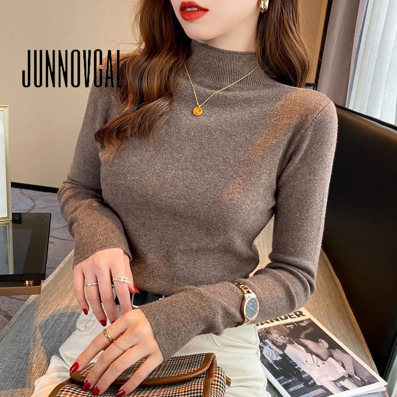 JUNNOVGAL ผู้หญิงเสื้อกันหนาวเต่าคอสีทึบทุกการแข่งขันสไตล์ใหม่ Slim Fit แขนยาว