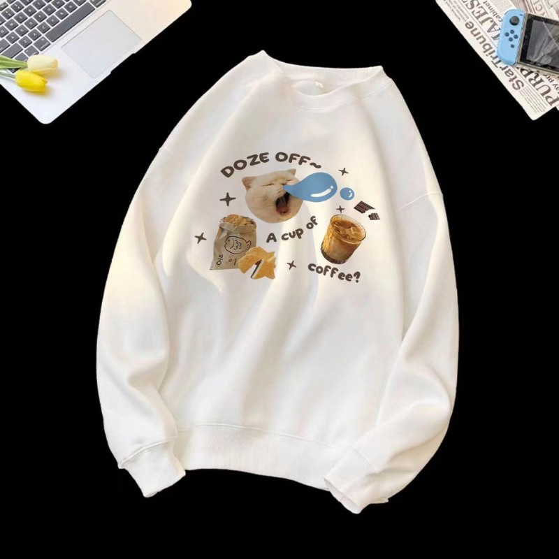 เสื้อกันหนาวแขนยาว คอกลม ทรงหลวม พิมพ์ลายแมวแฮมเบอร์เกอร์น่ารัก แฟชั่นฤดูใบไม้ร่วง สไตล์เกาหลี สําหรับผู้หญิง 2023 - รูปที่ 3