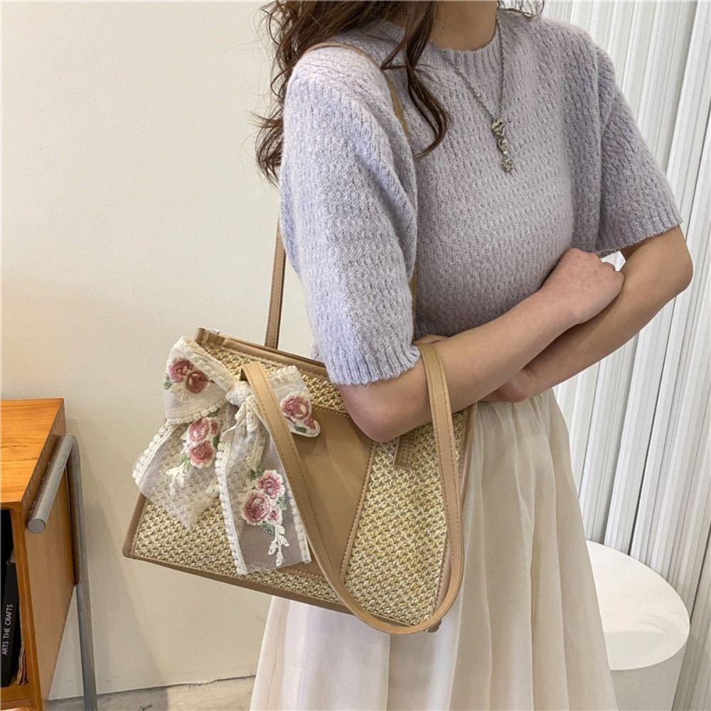 Suqin52 Vine Tote Bag, Travel Basket Straw Women Beach Bag, Summer Shoulder Handheld Handทอกระเป๋าฟางทอผู้หญิง