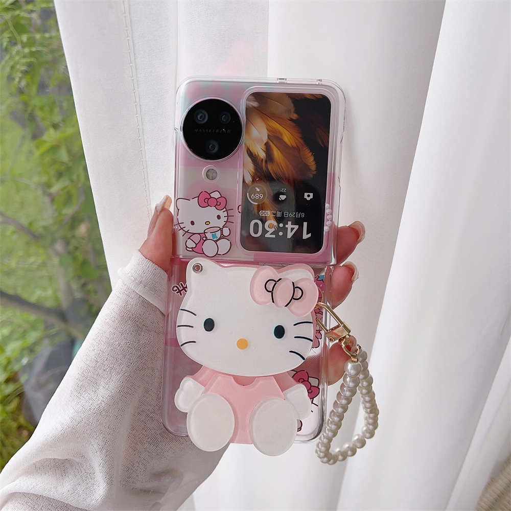 Oppo Find N3 Flip/N2 พลิก เคส การ์ตูนน่ารัก Hello Kitty กระจก เคสพลาสติกแข็ง พร้อมขาตั้งโทรศัพท์มือถือ สายคล้องข้อมือ มุก