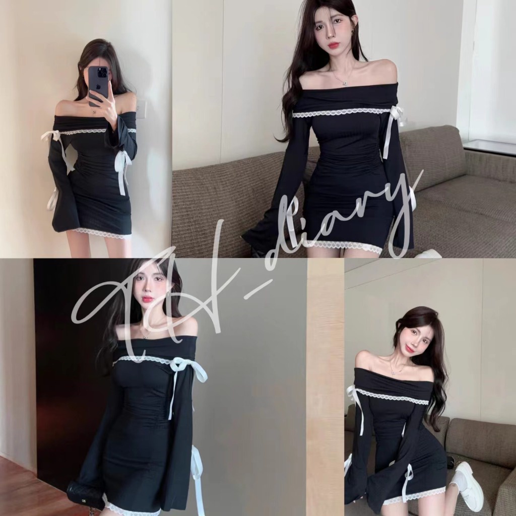 (จัดส่งจากกรุงเทพฯ) ฤดูร้อนรูปแบบใหม่ เซ็กซี่ ปิดไหล่ ลูกไม้ แขนยาว ยาว กระโปรง