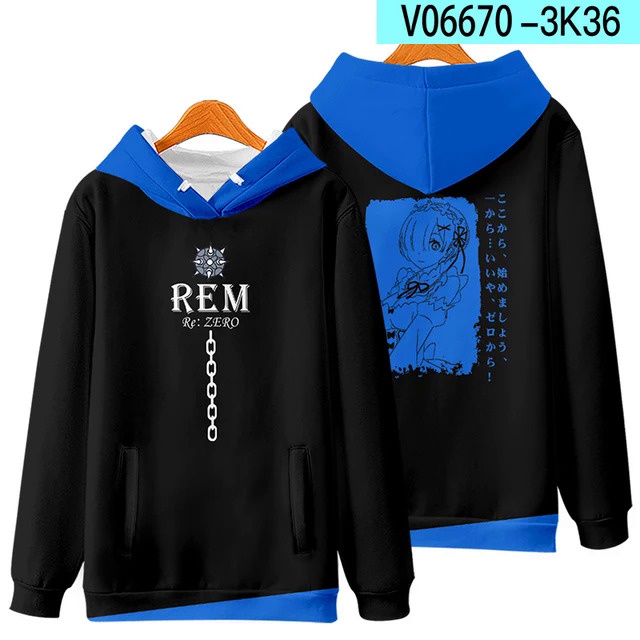 เสื้อกันหนาว มีฮู้ด พิมพ์ลายอนิเมะ Re Zero Rem and Ram สไตล์สตรีท สําหรับผู้ชาย และผู้หญิง