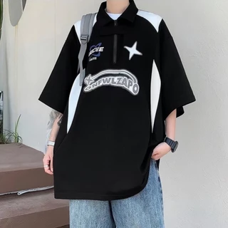 CLIFF ฮิปฮอป Hip-hop เสื้อยืดแขนสั้น คอปกโปโล ทรงหลวม สไตล์ลำลองสำหรับคู่รัก สไตล์เกาหลี สําหรับผู้ชาย