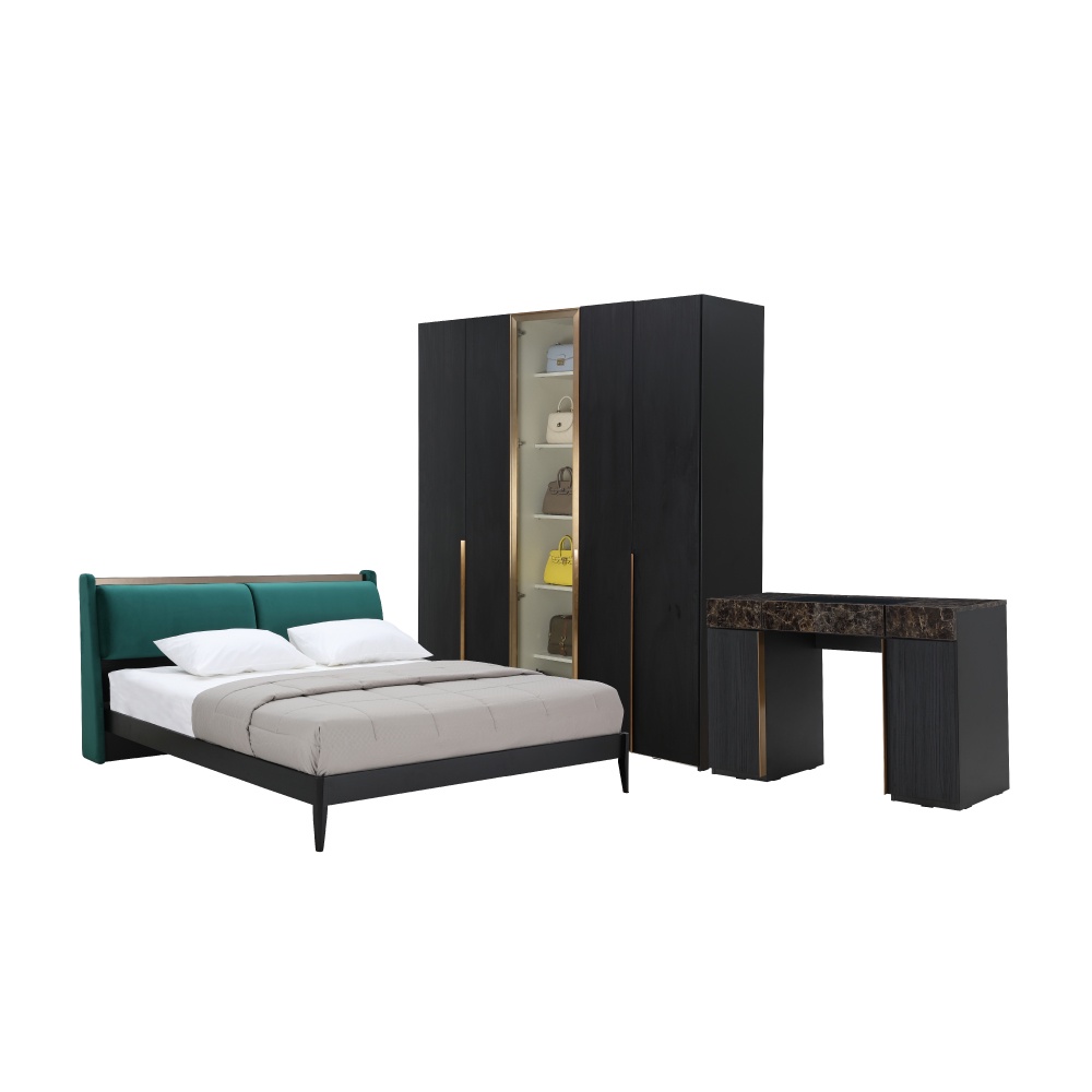 INDEX LIVING MALL ชุดห้องนอน รุ่นอริสโต ขนาด 6 ฟุต (เตียง, ตู้เสื้อผ้า 5 บาน, โต๊ะเครื่องแป้ง) - สีดำ/หินอ่อน