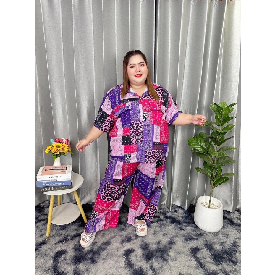 ชุดเซต กางเกงขายาว ลายเช็ดหน้า ผ้าไหมอิตาลี  P88 *เสื้อ อกหน้าผ้าอก62 งานฟรีไซส์ อก50ถึงอก60 ใส่ได้ 