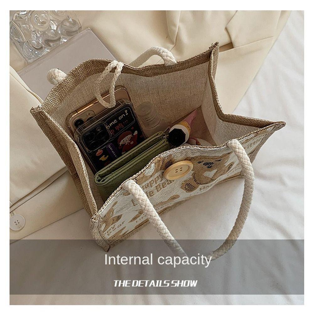 TOPBEAUTY กระเป๋าใส่ข้าวกลางวัน, กระเป๋าถือผ้าแคนวาสผ้าลินินความจุขนาดใหญ่, หมีการ์ตูนลําลองแบบใช้ซ้ําได้พร้อมปุ่มถุงอาหารเช้าปิคนิคผู้หญิง
