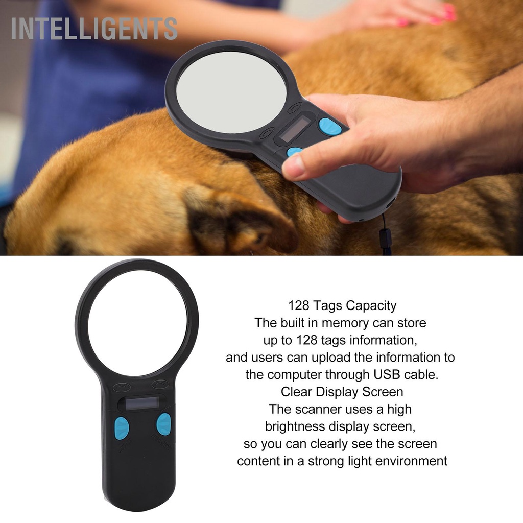 IntelligentS เครื่องสแกนไมโครชิปสัตว์เลี้ยงพร้อมแว่นขยายไฟ LED เครื่องอ่านชิป RFID สัตว์สำหรับสุนัขแมวหมู
