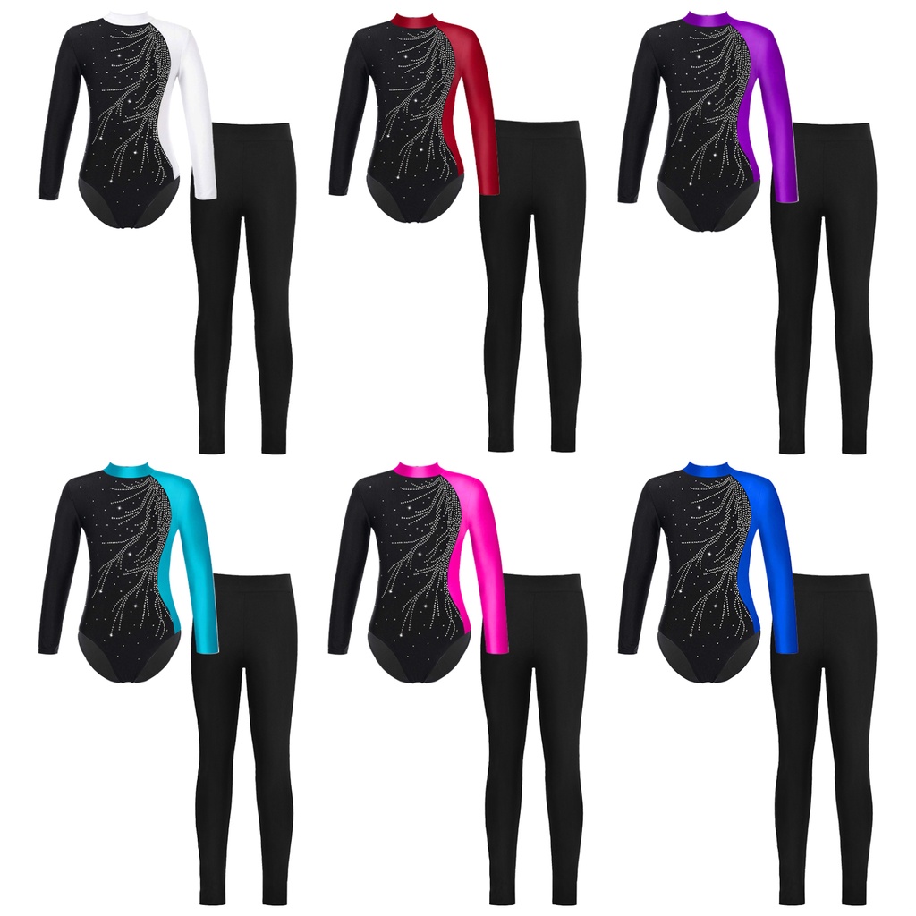 เด็กผู้หญิงแขนยาว Mock คอ Contrast สี Shiny Rhinestones Adorned Keyhole กลับ Leotard พร้อมเข็มขัดเอวยืดหยุ่นกางเกงขายาวสําหรับเต้นรําสเก็ตการแข่งขัน