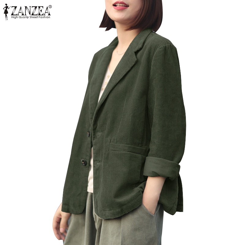 Zanzea เสื้อเบลเซอร์ แขนยาว ผ้าลูกฟูก มีกระเป๋าเสื้อ แฟชั่นสําหรับสตรี ใส่ไปทํางาน ทํางาน วันหยุด