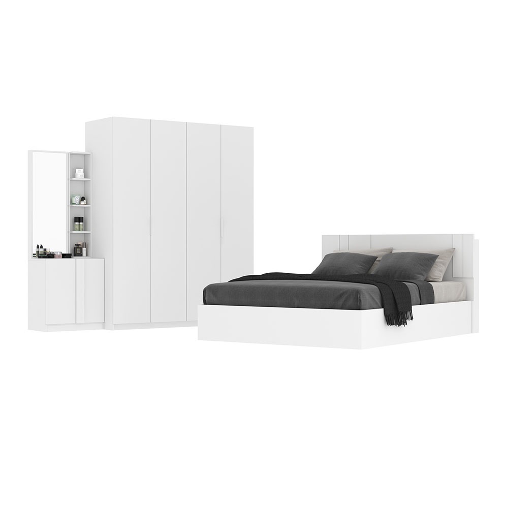 INDEX LIVING MALL ชุดห้องนอน รุ่นเมโลเดียน ขนาด 6 ฟุต (เตียง, ตู้เสื้อผ้า 4 บาน, โต๊ะเครื่องแป้ง) - สีขาว