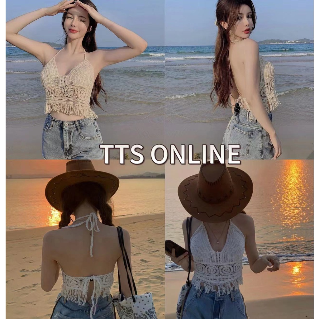 TTS🍒 สายเดี่ยวโบฮีเมียนไหมพรมถักลายกลม ผูกหลัง มีฟองน้ำซับใน ชายแต่งระบาย