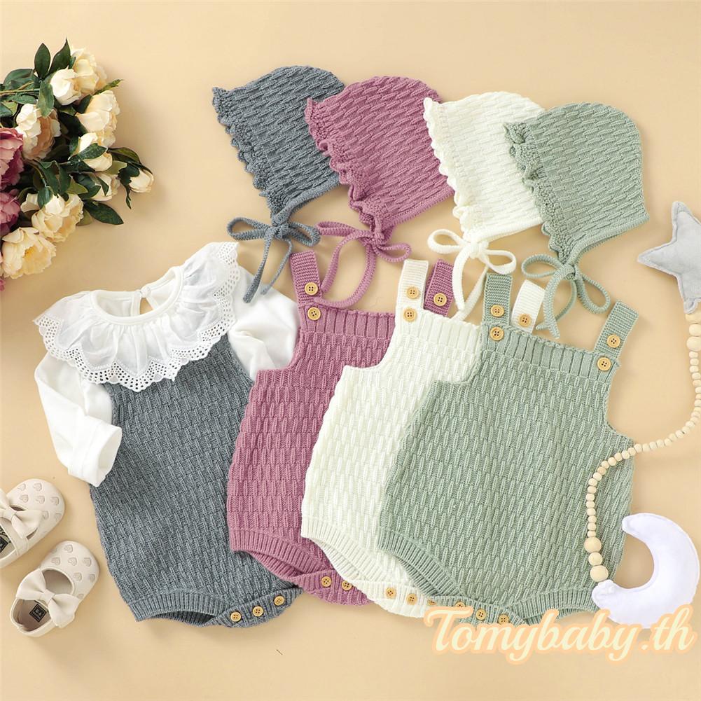 Tomybaby- ชุดบอดี้สูท รอมเปอร์ แขนกุด ผ้าถัก มีกระดุม ยืดหยุ่น สีพื้น สําหรับเด็กทารก 2 ชิ้น