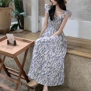 เดรส กระโปรงยาวแขนกุด ลายดอกไม้ สีฟ้า สำหรับผู้หญิง กระโปรงพลีทเอวหวาน ใหม่ พร้อมส่งจากกทม