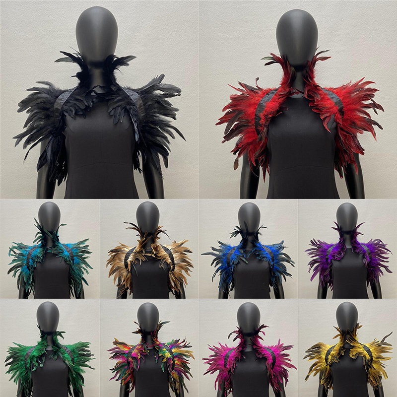 ธรรมชาติ Feather Cape เครื่องแต่งกาย Gothic ผ้าคลุมไหล่ Shrug Collar Feather เสื้อคลุม 2024 ฮาโลวีน DIY ตกแต่ง Maleficent เครื่องแต่งกาย