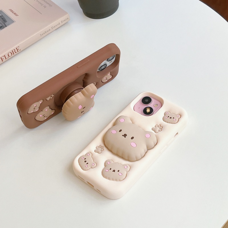 เคสโทรศัพท์มือถือ ซิลิโคน ลายการ์ตูนหมีน่ารัก 3D พร้อมขาตั้ง สําหรับ iPhone 15 15Pro 15Promax 14 14Pro 14Promax 11 12 12Pro 12Promax 13 13Pro 13Promax 13Promax