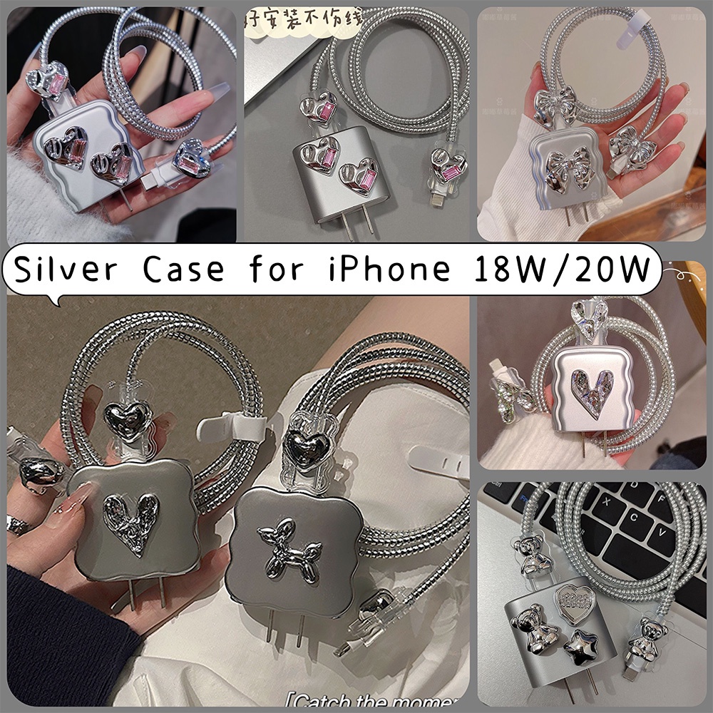 เคสโทรศัพท์มือถือ ป้องกันสายชาร์จ ลายหัวใจน่ารัก 3D สีเงิน สําหรับ iphone 20w 15 Pro max 14 13 12 Pro Type C 18w 25w