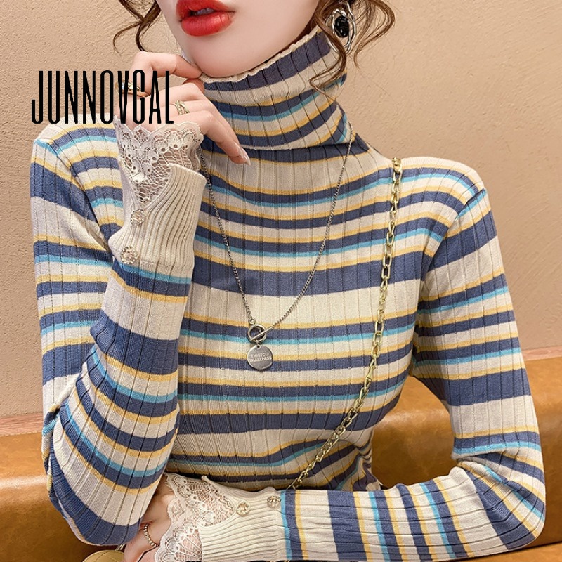 Junnovgal เสื้อกันหนาวแขนยาว คอเต่า ผ้าถัก ลายทาง ทรงสลิมฟิต สไตล์ใหม่ สําหรับผู้หญิง 2024