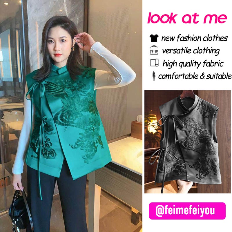 เสื้อแจ็กเก็ตแขนกุด ปักลายลูกไม้ สีดํา สีเขียว สไตล์จีนวินเทจ สําหรับผู้หญิง