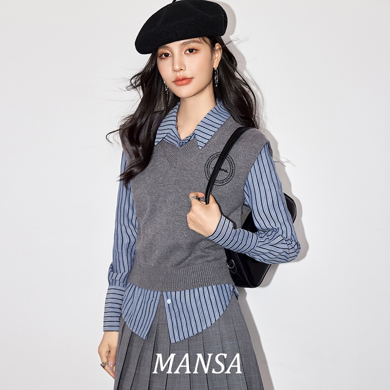 MANSA striped shirt+knitted vest เสื้อผ้าแฟชั่นผู้หญิง เสื้อเชิ้ต