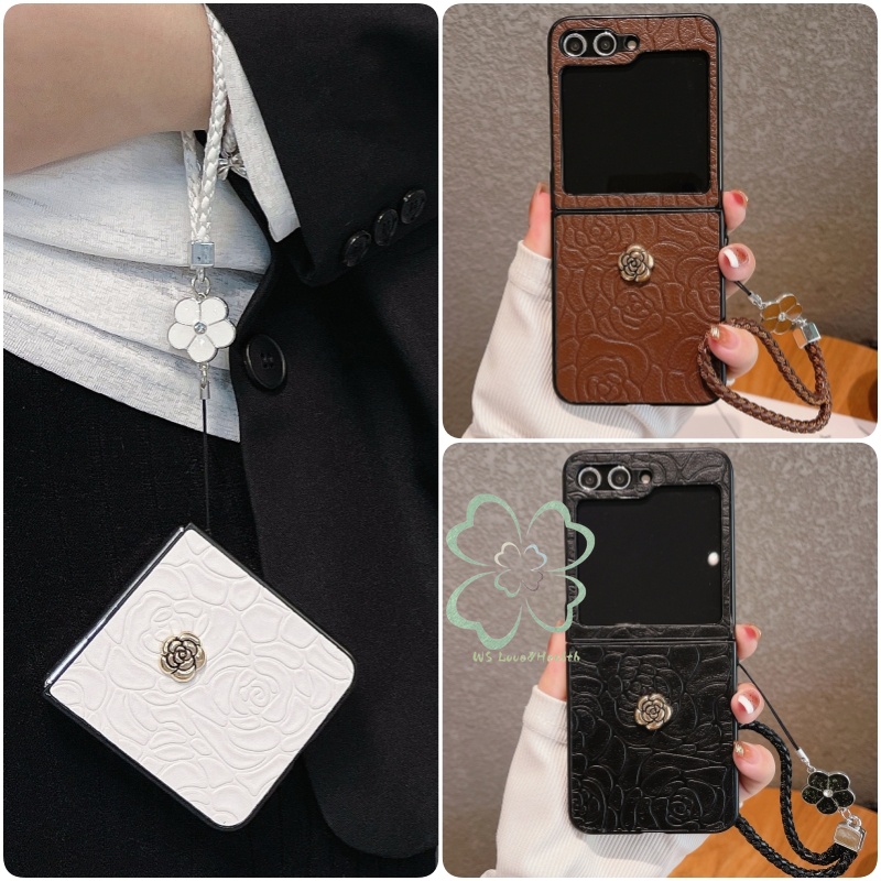 Retro ดอกไม้สร้อยข้อมือเชือกเส้นเล็กซองหนัง Samsung Galaxy Z Flip 6 Z Flip 5 Z Flip 4/3 สายรัดข้อมือปลอก Hard PC ฝาหลัง Shell