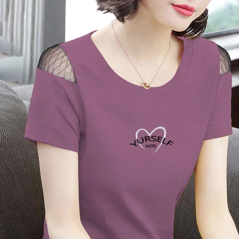 เสื้อยืดแขนสั้น เปิดไหล่ ผ้าตาข่าย แบบบาง ทรงหลวม ขนาดใหญ่ แฟชั่นฤดูร้อน สไตล์เกาหลี สําหรับผู้หญิง 2024