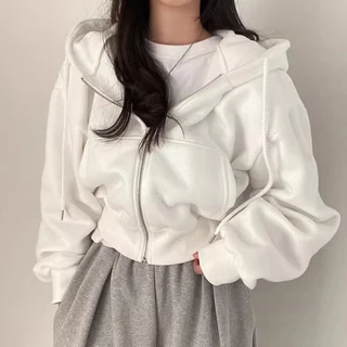 เสื้อครอปกันหนาว มีฮู้ด แต่งซิปหน้า สีพื้น สําหรับผู้หญิง