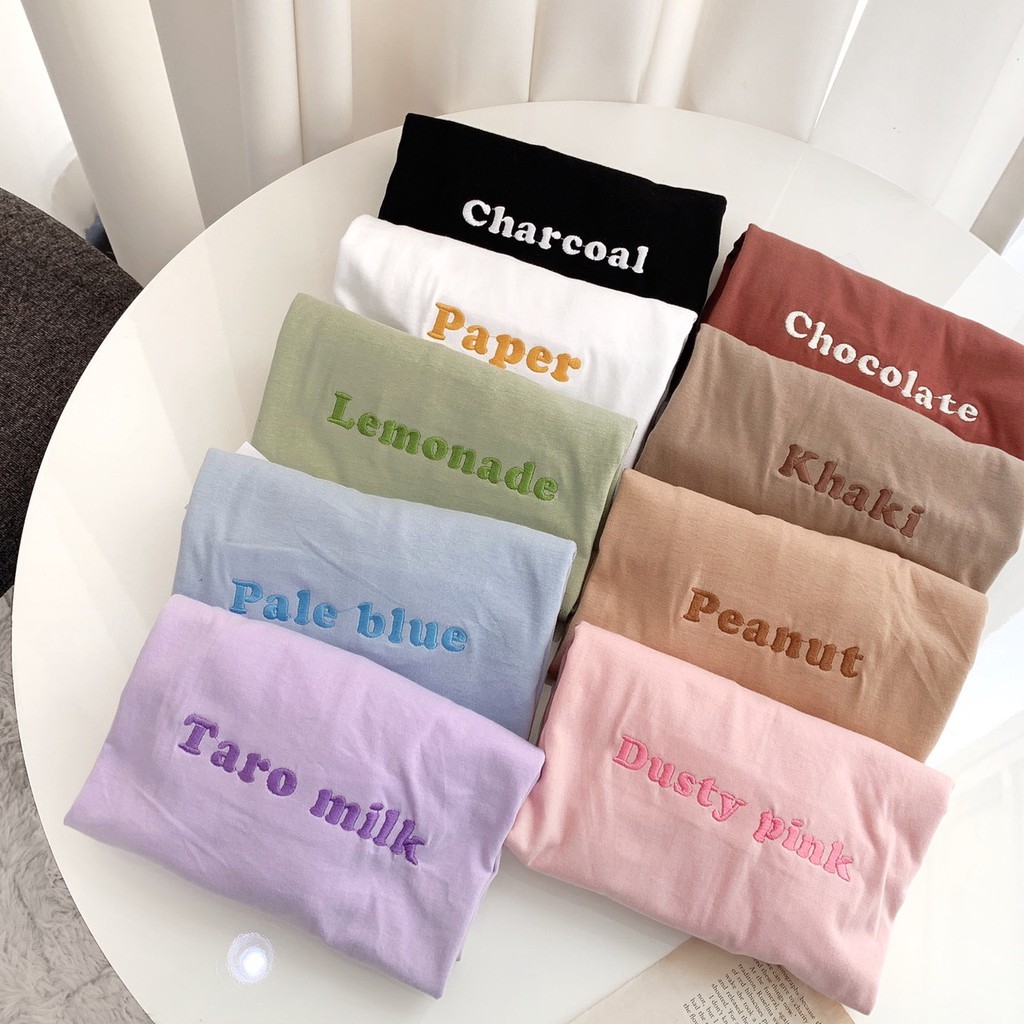 (อก44"ยาว27") S317 เสื้อยืด oversize ผ้าคอตตอน ปัก Charcoal Paper Lemonade Pale blue Taro milk Chocolate Khaki Peanut