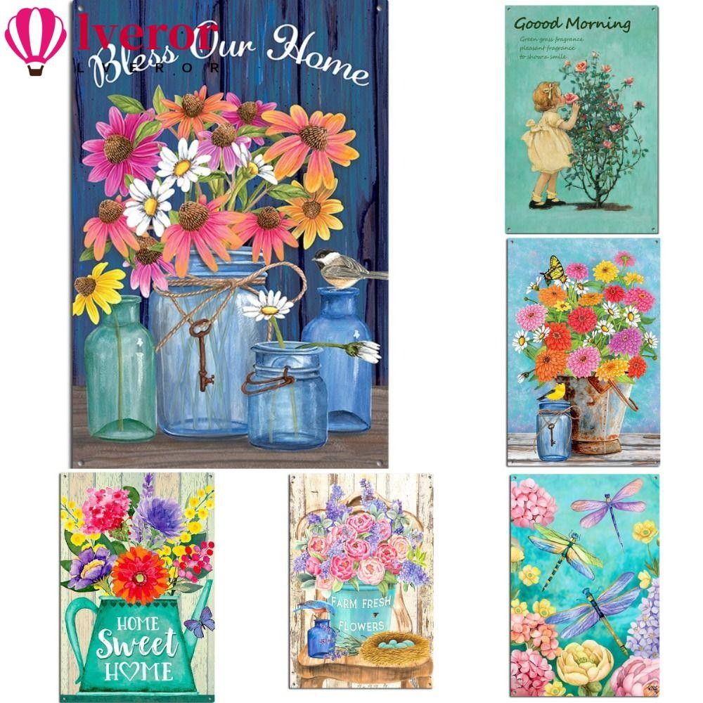 Lveror ป้ายดีบุกโลหะ, แผ่นเหล็กศิลปะดอกไม้ผีเสื้อ, สวน Pastoral Shabby Chic Retro Wall Decor ห้องนั่งเล่น