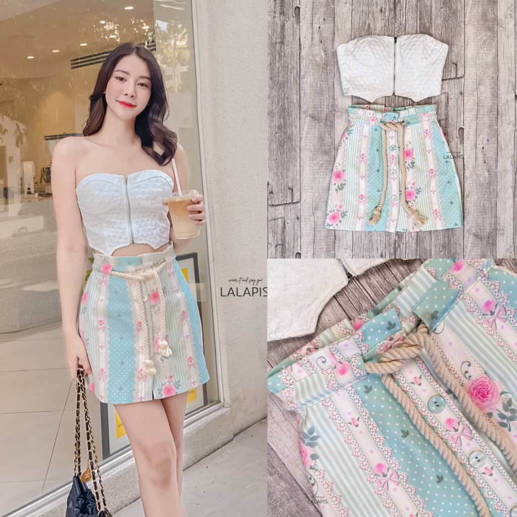 Mom.ss (พร้อมส่ง) Lalapis16 เซ็ตเสื้อกระโปรงเกาะอกซิปหน้า ลายกุหลาบพร้อมเข็มขัดเชือก  mom.shop