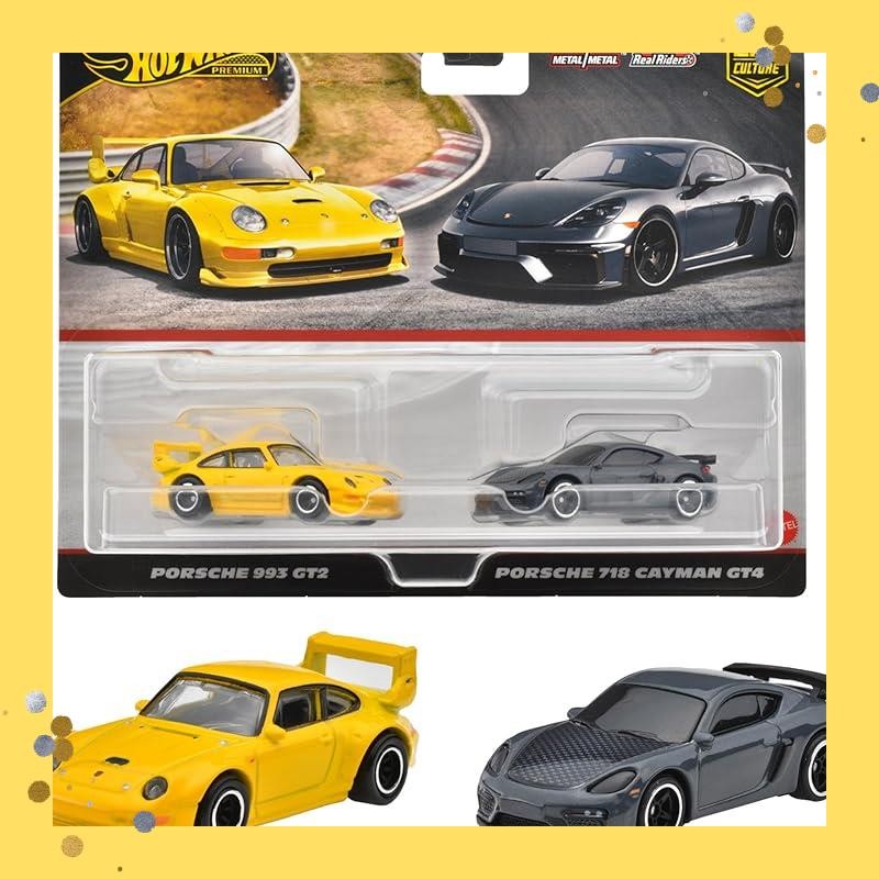 Hot Wheels Premium 2 Pack Porsche 993 GT2/ Porsche 718 Cayman GT4 Ride-on Toys Minicars Ages 3 and u
