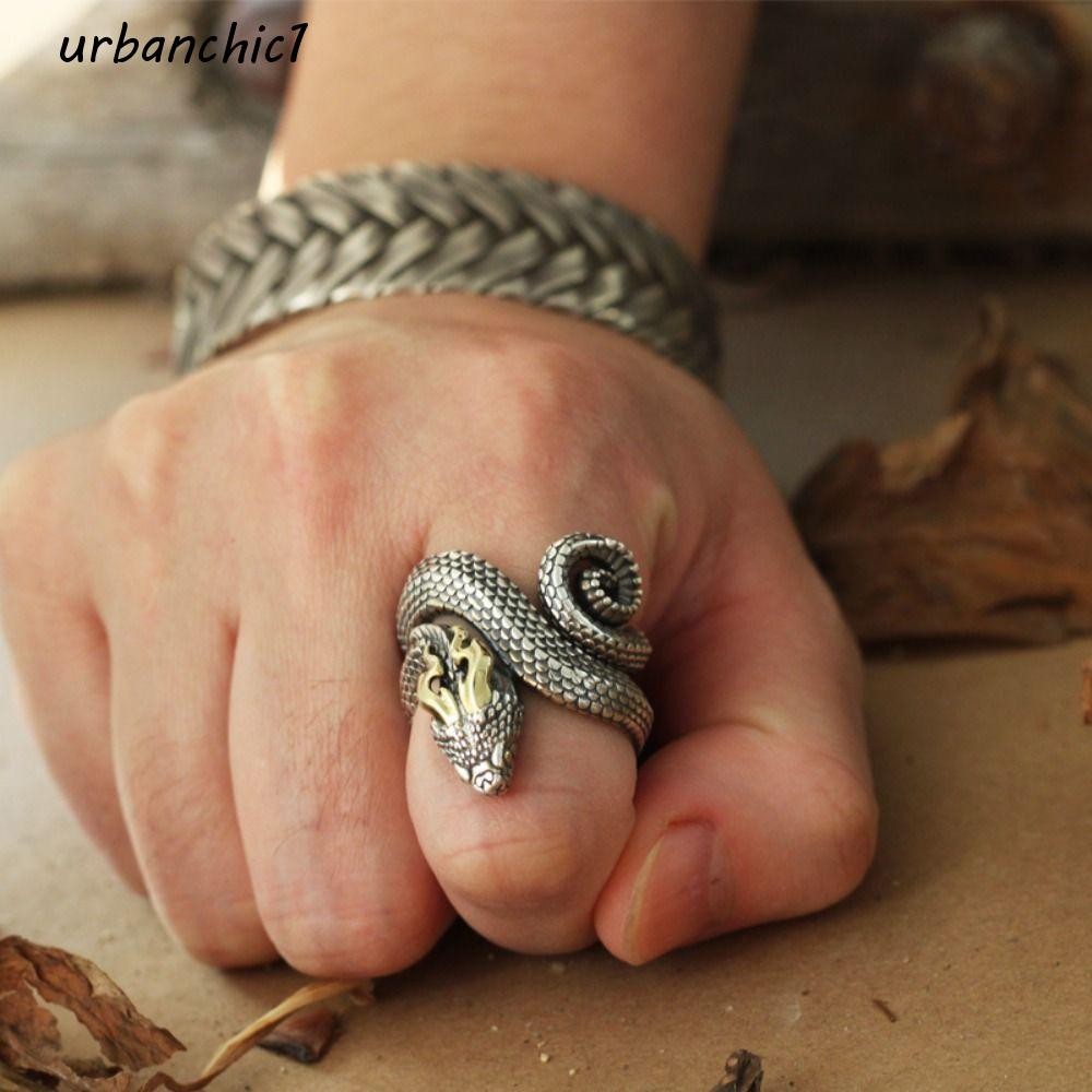 Urbanchic แหวนเงินงูปรับได้วินเทจบุคลิกภาพสัตว์ Rock เครื่องประดับฮิปฮอปสีดํา