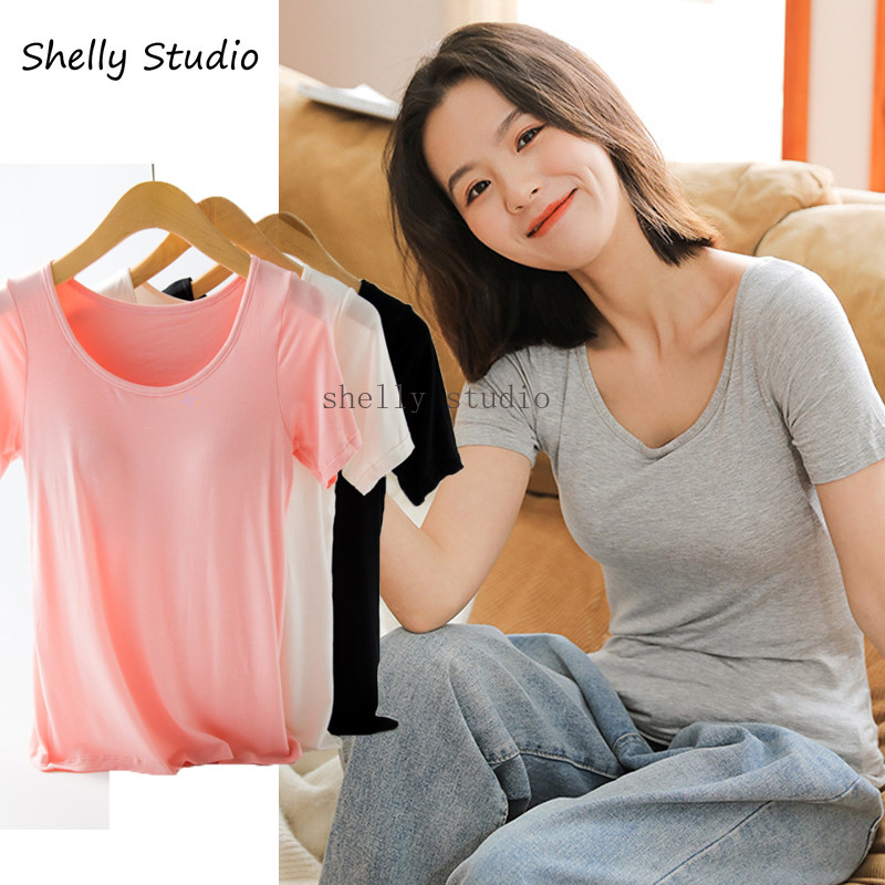 ญี่ปุ่น Bra-T ผู้หญิงยืดหยุ่น Basic เสื้อยืดหน้าอก Pad Plain Solid plus ขนาด Tops