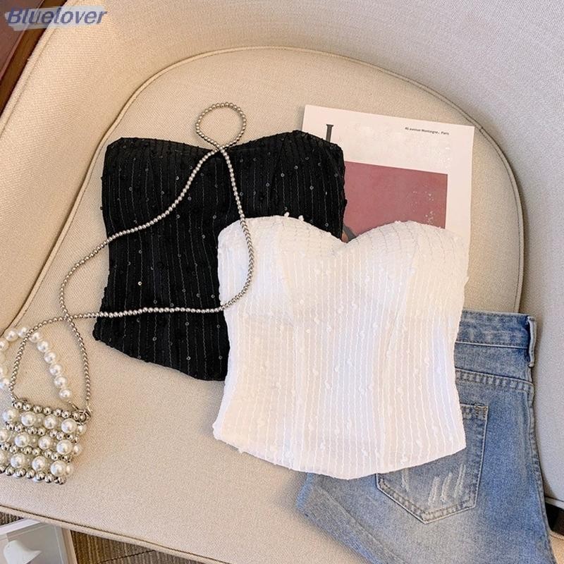 Bluelover ผู้หญิง Tube Top แฟชั่นเซ็กซี่ Sequined ไม่สม่ําเสมอ Strapless Slim Camisole พร้อมแผ่นรองหน้าอกใหม่