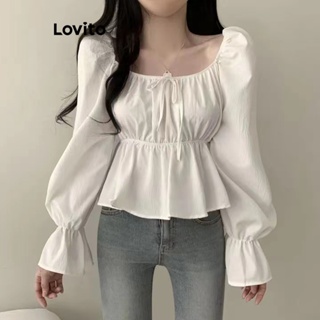 Lovito เสื้อเบลาส์แขนพัฟ แต่งระบาย แบบเรียบ สง่างาม สําหรับผู้หญิง LNE21291 (สีขาว)