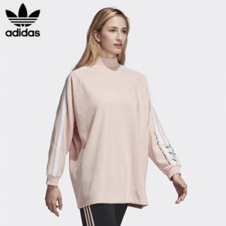 Adidas ของแท้ 100% เสื้อกันหนาวลําลอง คอกลม แบบสวมหัว ปักลายทาง เรียบง่าย แฟชั่นฤดูใบไม้ร่วง สําหรับสตรี DN9101