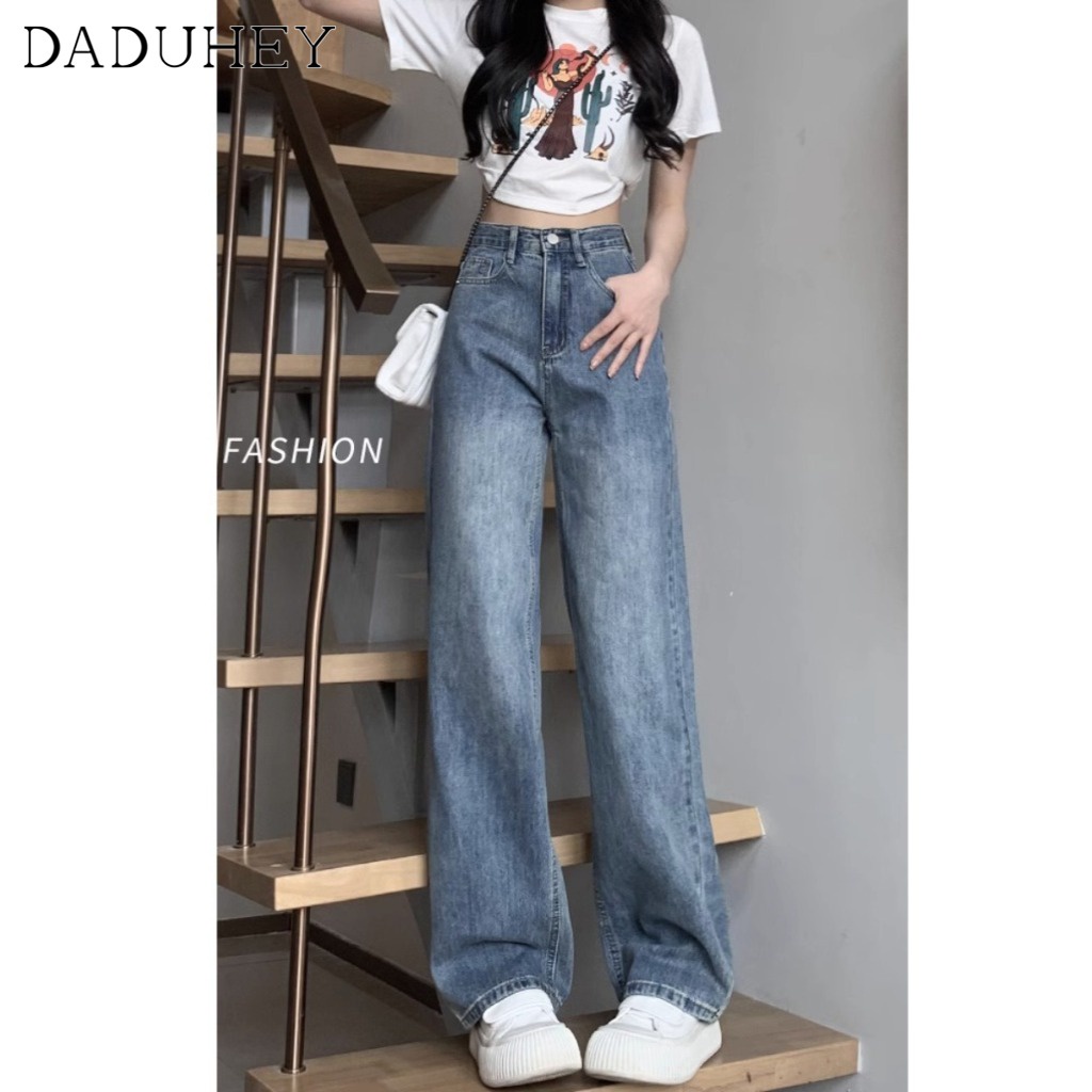 DaDuHey Women's Korean Style High Waist Jeans Straight New Washed Fashion Wide Leg Loose Mop Dropping Pants