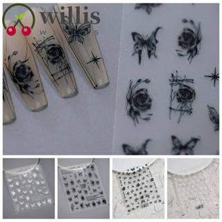 Willis สติกเกอร์ตกแต่งเล็บ ลายผีเสื้อ ดอกไม้ สีดํา สีขาว DIY