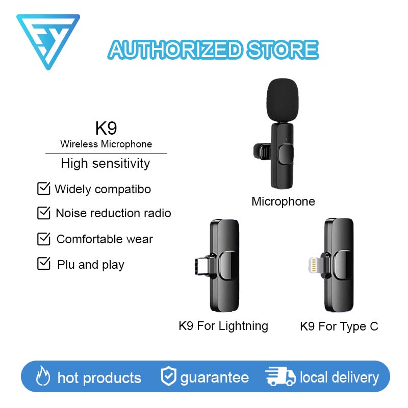 🔥 ถูกที่สุด🔥ไมค์โครโฟนไร้สาย รุ่น K9 ไมโครโฟนไลฟ์สด Wireless Microphone ชาร์จไฟเข้ามือถือขณะใช้งานได้ หนีบปกเสื้อ