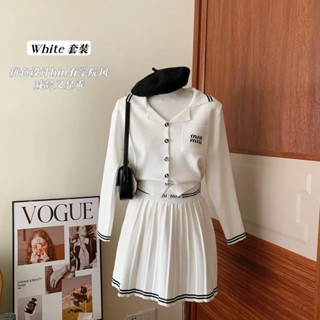 RMNV MIU MIU 23 autumn and winter New letter printing lapel knitwear pleated skirt fashion suit college style sweet