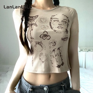 Lanlanlolo เสื้อลําลอง แขนยาว คอกลม พิมพ์ลาย เข้ารูป เข้ากับทุกการแต่งกาย แฟชั่นเรโทร สําหรับสตรี 2023