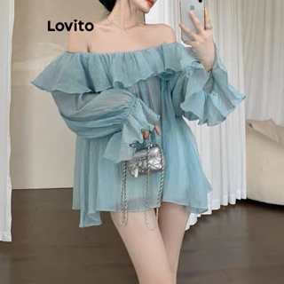 Lovito เสื้อเบลาส์ จับจีบ เรียบหรู สําหรับผู้หญิง LNE24062 (สีขาว/น้ําเงิน)