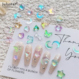 JULYSTAR 50 ชิ้นสติกเกอร์แต่งเล็บ Aurora Magic สีเรซิ่นเครื่องประดับแบนด้านล่าง Moon Ice Penetrant ผีเสื้อสีรูปหัวใจเล็บ Patch เครื่องมือ