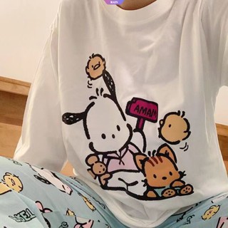 ใหม่ ชุดนอน เสื้อแขนยาว กางเกงขายาว ทรงหลวม พิมพ์ลายการ์ตูนอนิเมะ Sanrio Pochacco น่ารัก ยืดหยุ่น โอเวอร์ไซซ์ เหมาะกับฤดูใบไม้ร่วง สําหรับผู้หญิง [RAIN]