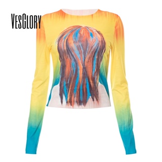 Vesglory เสื้อครอปท็อปแขนยาว คอกลม พิมพ์ลาย สีตัดกัน แฟชั่นสําหรับสตรี 2023